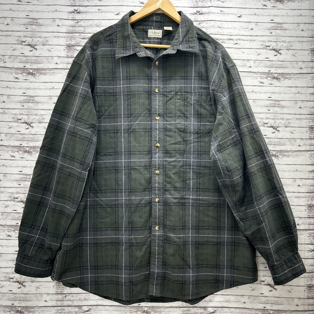 LL Bean Shirt Men's 2XL-Tall Green Gray Plaid Cotton Flannel Button Up